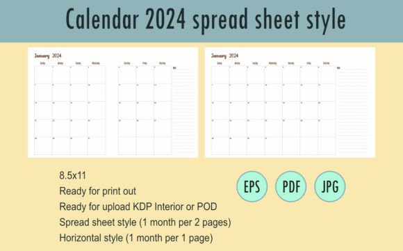 2024 Monthly Calendar Horizontal KDP